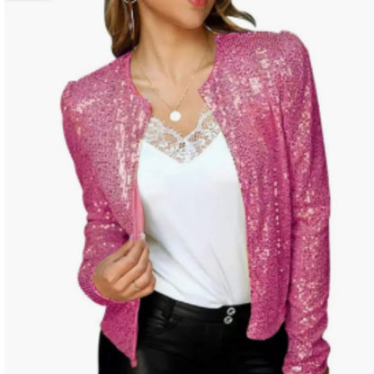 Glänzende Pailletten-Partyjacke mit Frontreißverschluss