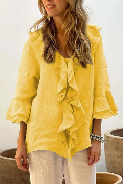 Lyann® | Damen V-Ausschnitt Locker geschnittene Bluse mit Rüschen