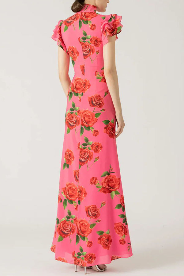 Floral Cheongsam Maxikleid mit eleganten ausgestellten Ärmeln