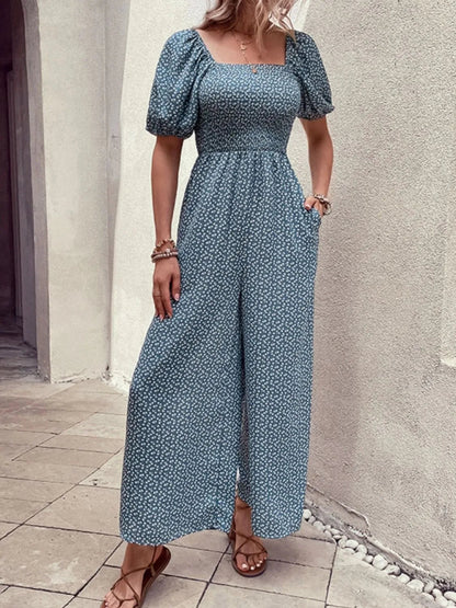 Damen Jumpsuit mit bedrucktem Karree-Ausschnitt und Puffärmeln