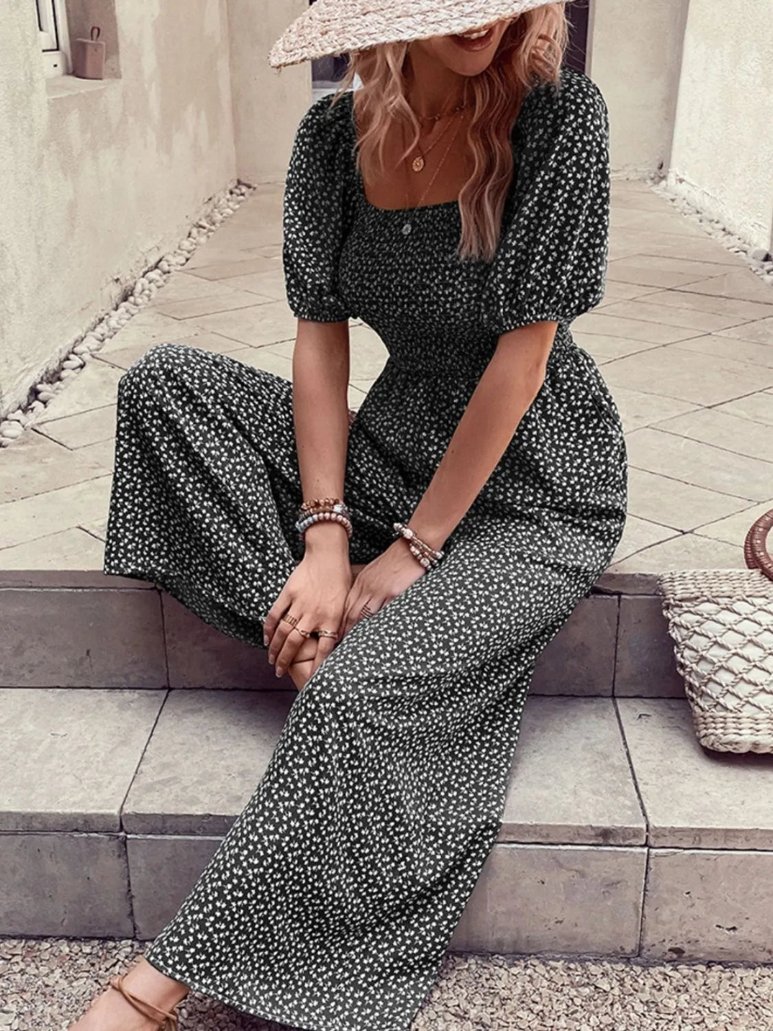 Damen Jumpsuit mit bedrucktem Karree-Ausschnitt und Puffärmeln