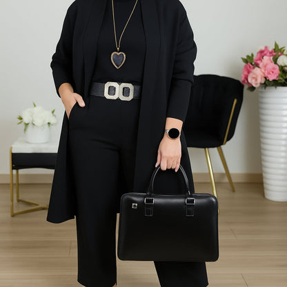Schickes 3-teiliges Set aus langer Strickjacke, Top und Hose