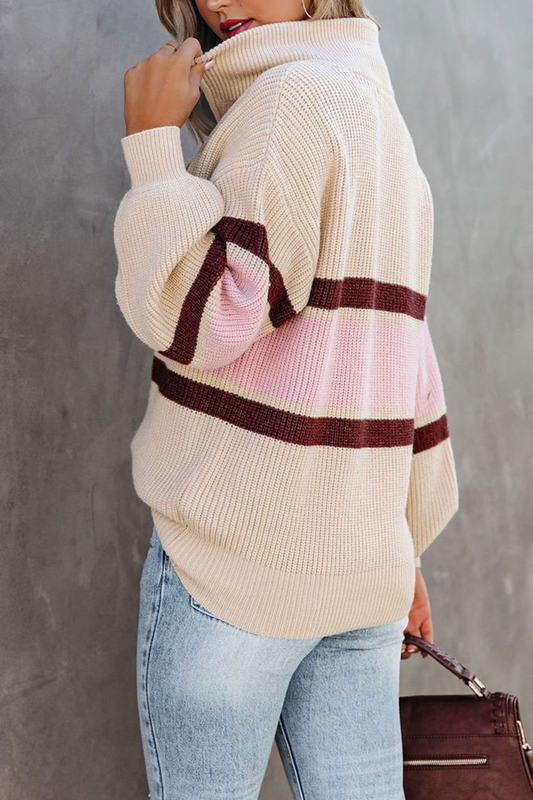 Gemütlicher lässiger Patchwork-Strickpullover mit Reißverschlusskragen