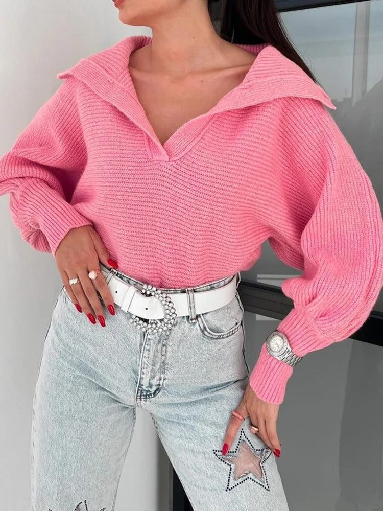 Gemütlicher Strickpullover mit Laternenärmeln und offenem Kragen
