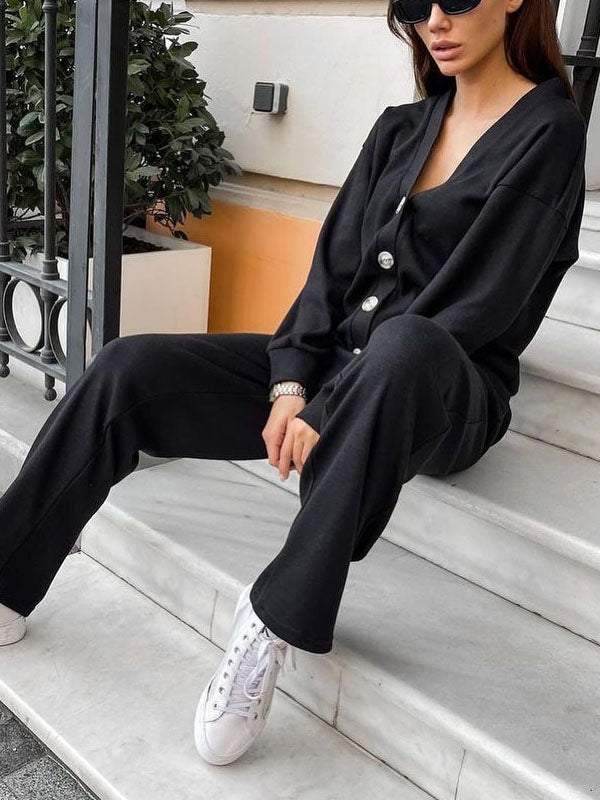 Gemütliches legeres V-Ausschnitt Pullover- und Hosen-Set