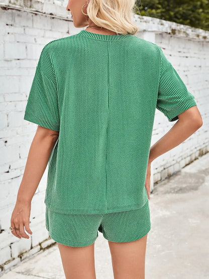Damen Rundhals Halbarm Oberteil und Shorts mit Kordelzug Set