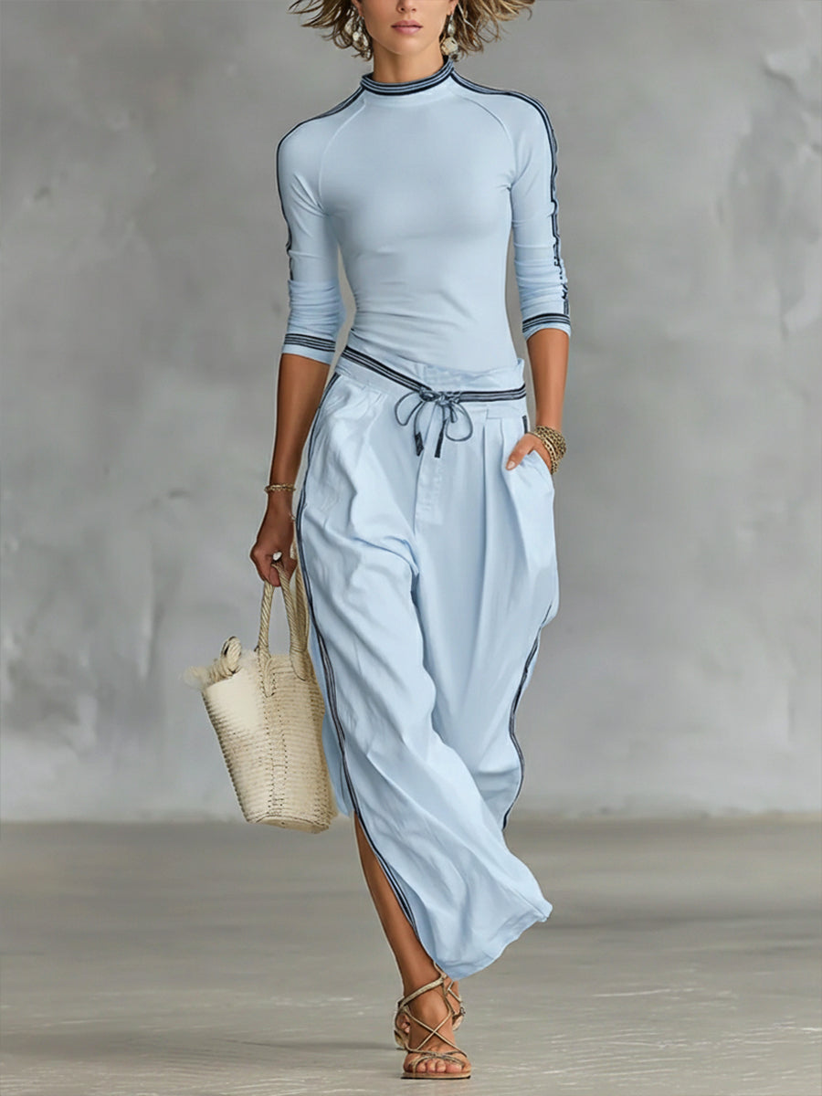 Damen Set aus gemütlichem Stretch-Strickoberteil und Leinen-Baumwollhose