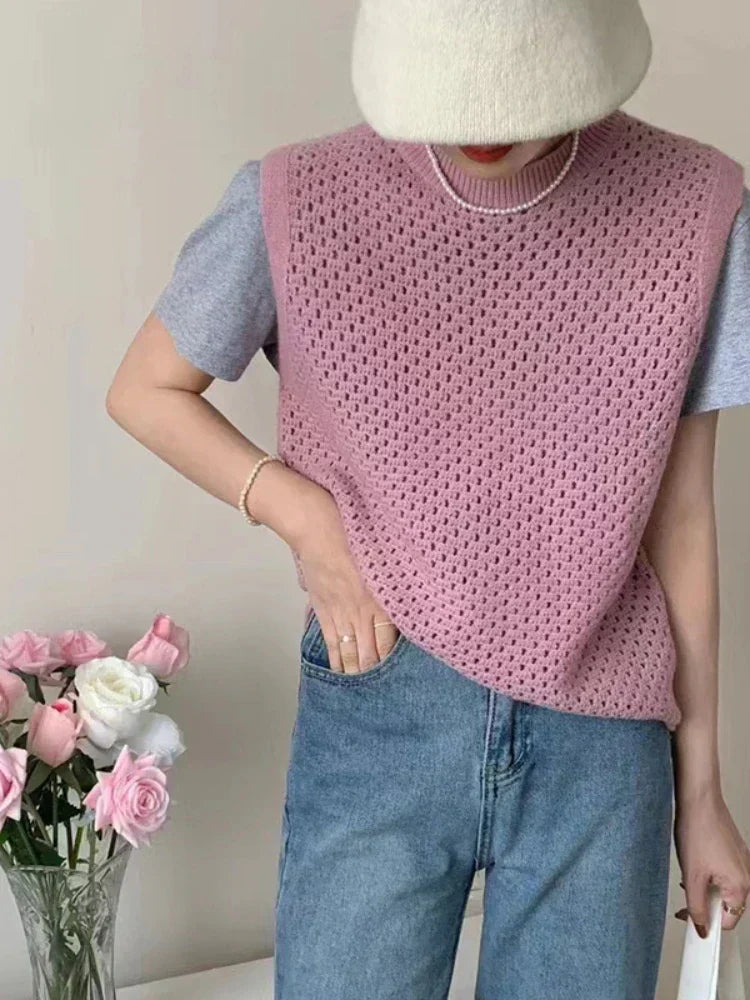Damen Ärmelloser Gestrickter Pullover Leichtes Lockeres Oberteil