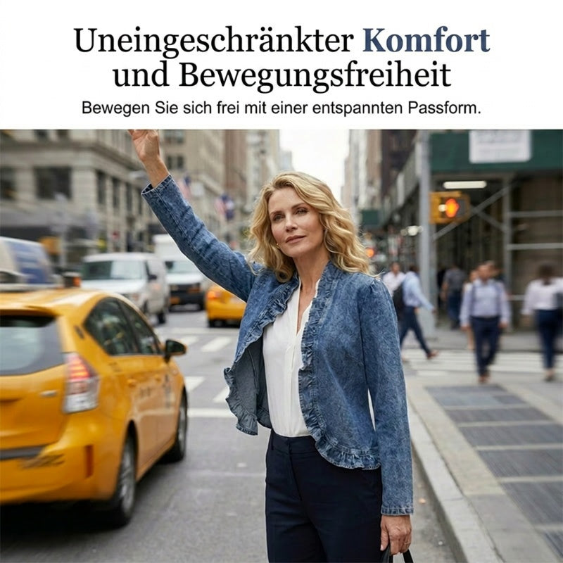 Damen-Jeansjacke mit Rüschensaum und offenem Frontverschluss
