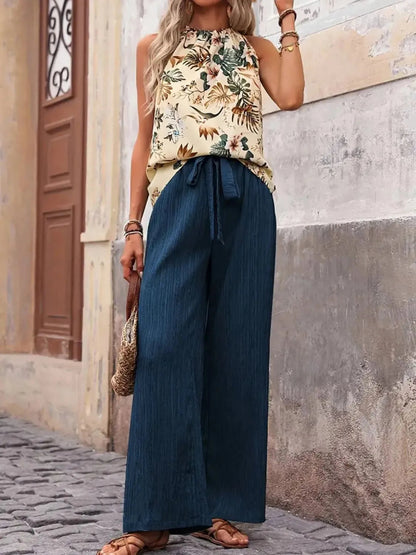 Damen bedrucktes Tanktop und Hose mit weitem Bein Set