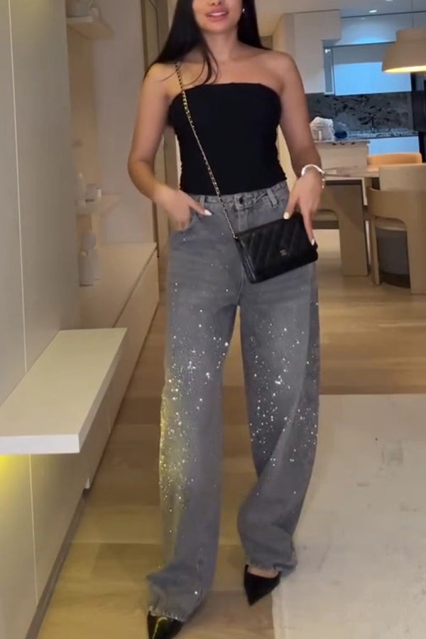 Rhinestone High Waist Gerade Locker Lässige Jeans mit Taschen