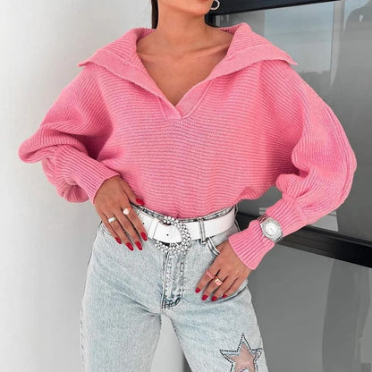 Gemütlicher Strickpullover mit Laternenärmeln und offenem Kragen