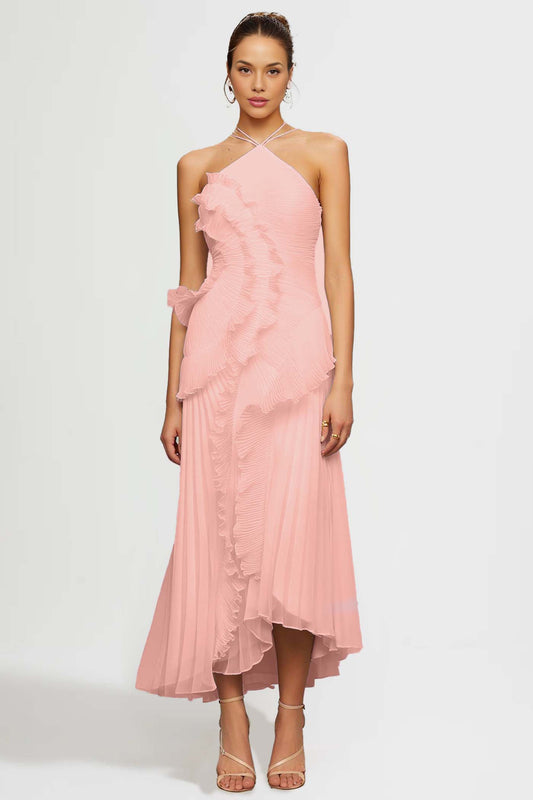 Plissiertes Midikleid mit Neckholder und kaskadierenden Rüschen in Pink