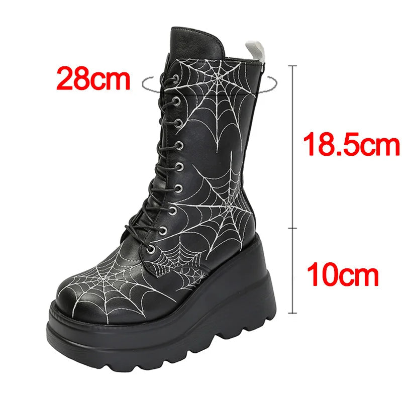 Gothic klobige Plateau-Mid-Calf-Stiefel mit Spinnennetz-Detail