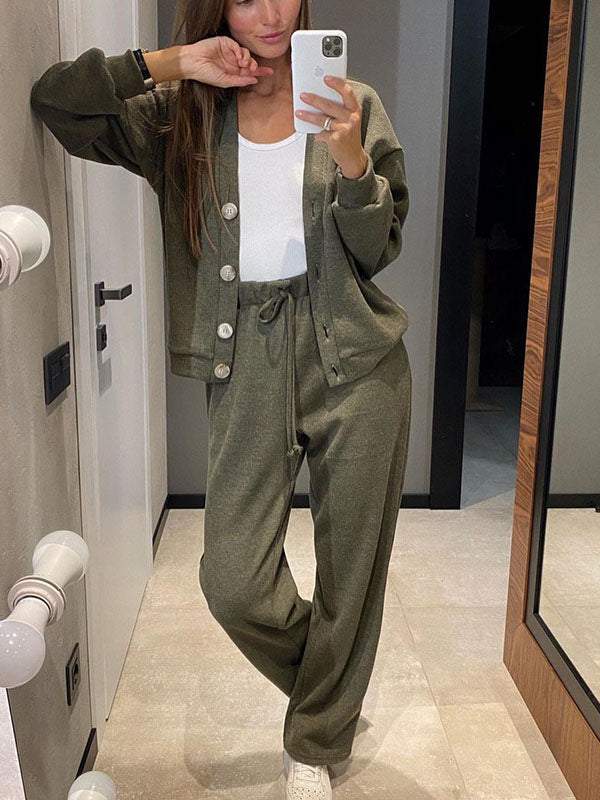 Gemütliches legeres V-Ausschnitt Pullover- und Hosen-Set