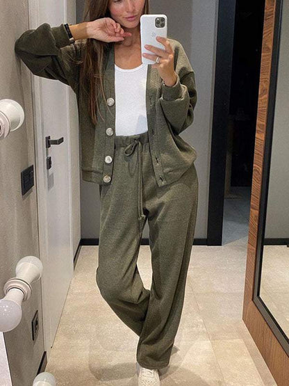 Gemütliches legeres V-Ausschnitt Pullover- und Hosen-Set
