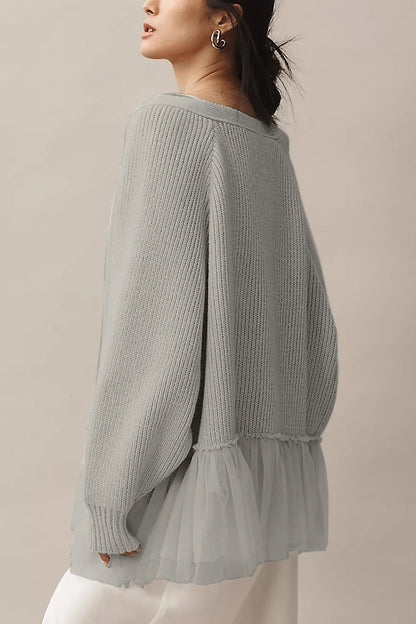 Mesh-Rüschen-Strickcardigan mit langen Ärmeln