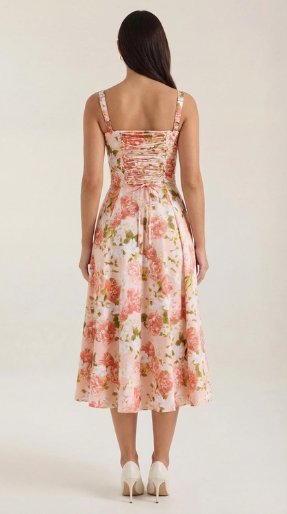 Damen Midikleid mit Blumenmuster Hochzeitsgastkleid