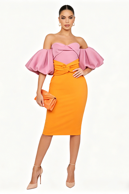 Midi-Kleid mit farbigen Puffärmeln
