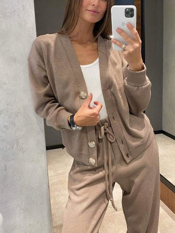Gemütliches legeres V-Ausschnitt Pullover- und Hosen-Set