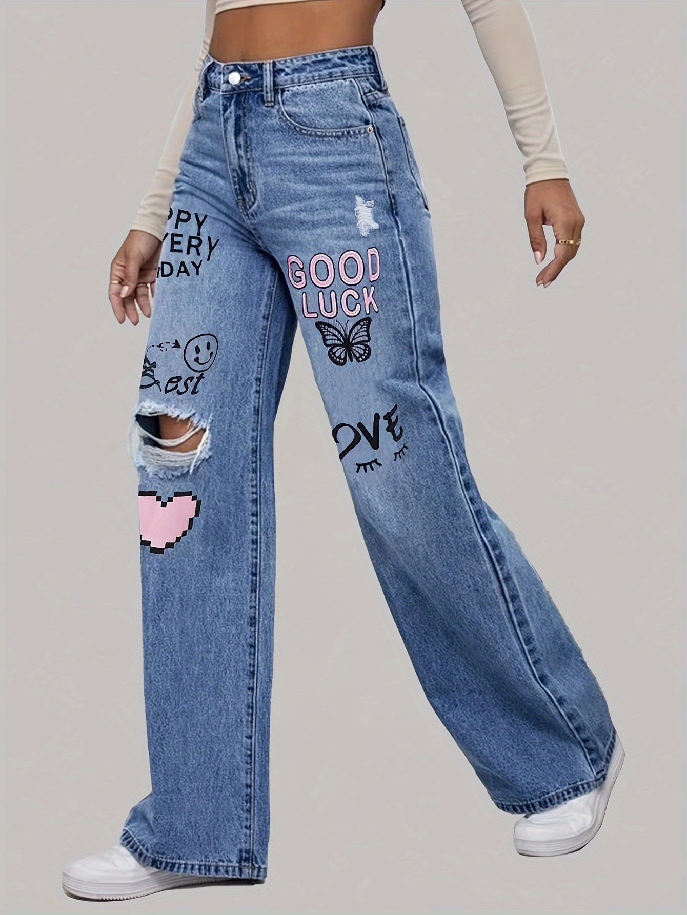 High-Waist Weitbein Grafik Denim Jeans