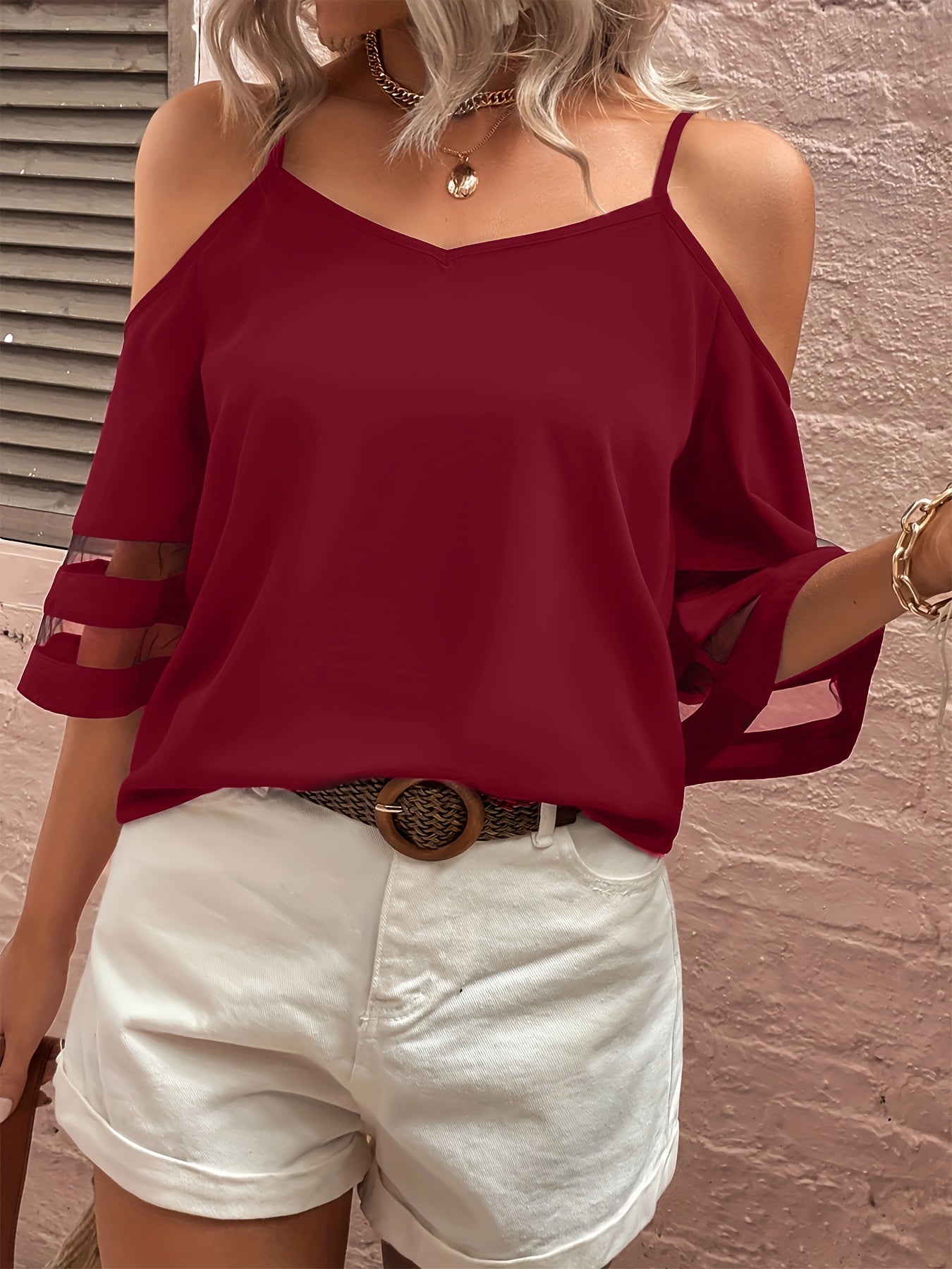 Schulterfreie Bluse mit Tüll-Einsatz für Damen