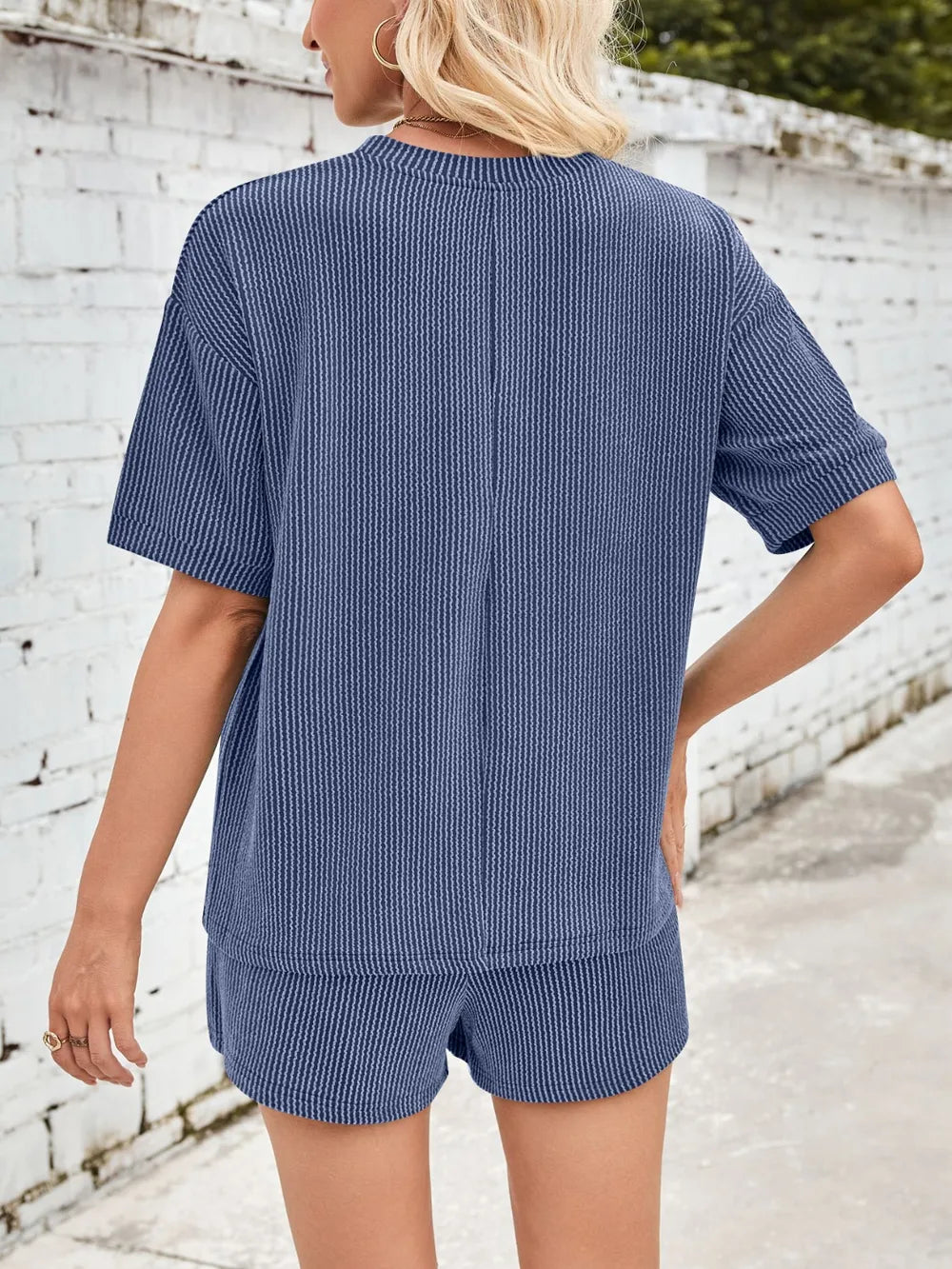 Damen Rundhals Halbarm Oberteil und Shorts mit Kordelzug Set