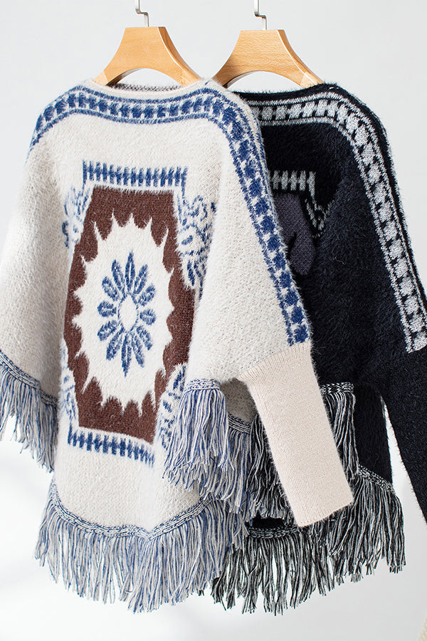 Boho Strickpullover mit Quasten-Saum