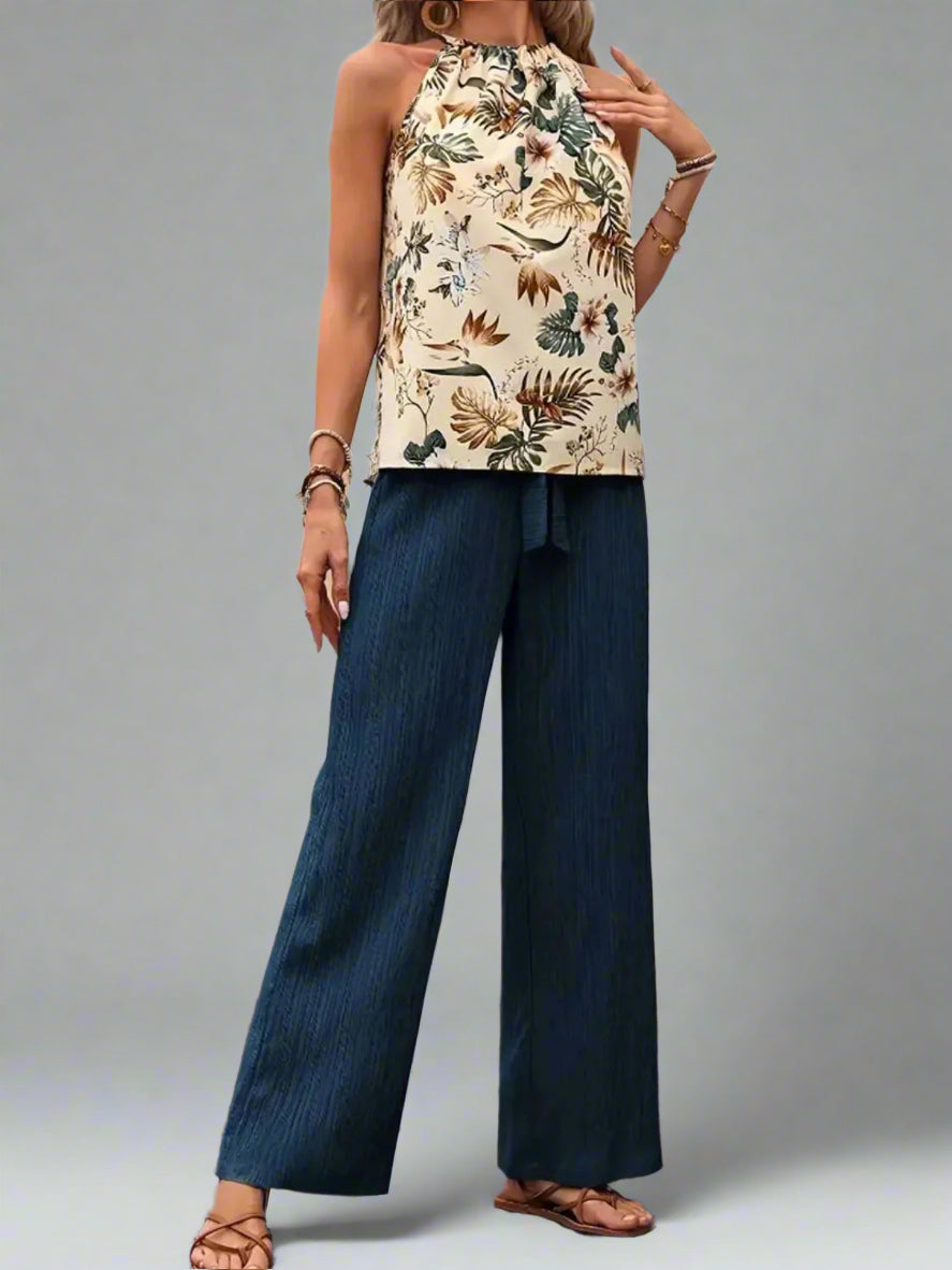 Damen bedrucktes Tanktop und Hose mit weitem Bein Set