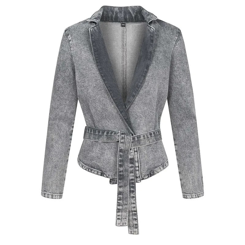 Legere Jeansjacke mit Gürtel, Stehkragen und langen Ärmeln