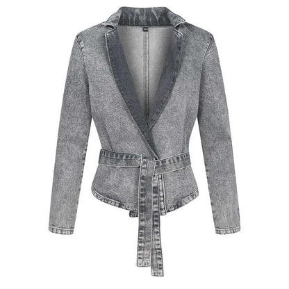 Legere Jeansjacke mit Gürtel, Stehkragen und langen Ärmeln