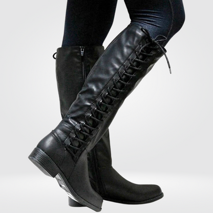 Damen Stiefel mit Lederoptik, Blockabsatz, Reißverschluss und Schnürung