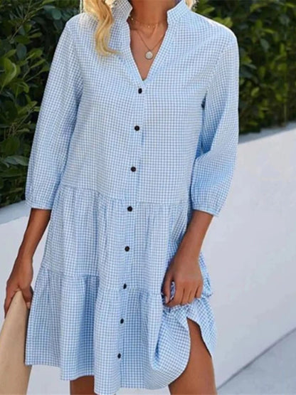 Marga® | Lockeres blaues Vichykaro-Sommerkleid mit Knopfleiste