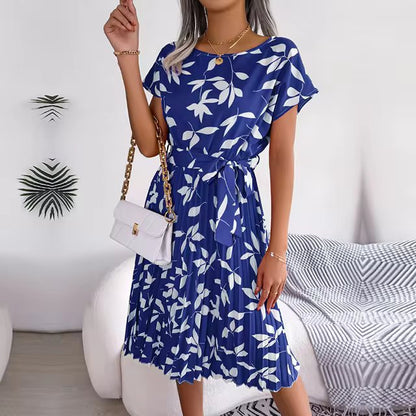 Geblümtes Plissee A-Linien Maxikleid