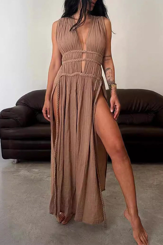 Böhmisches V-Ausschnitt Strandkleid mit Schlitz