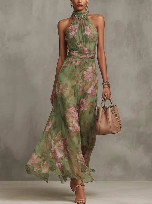 Grünes Blumenmuster Chiffon Maxikleid mit Neckholder