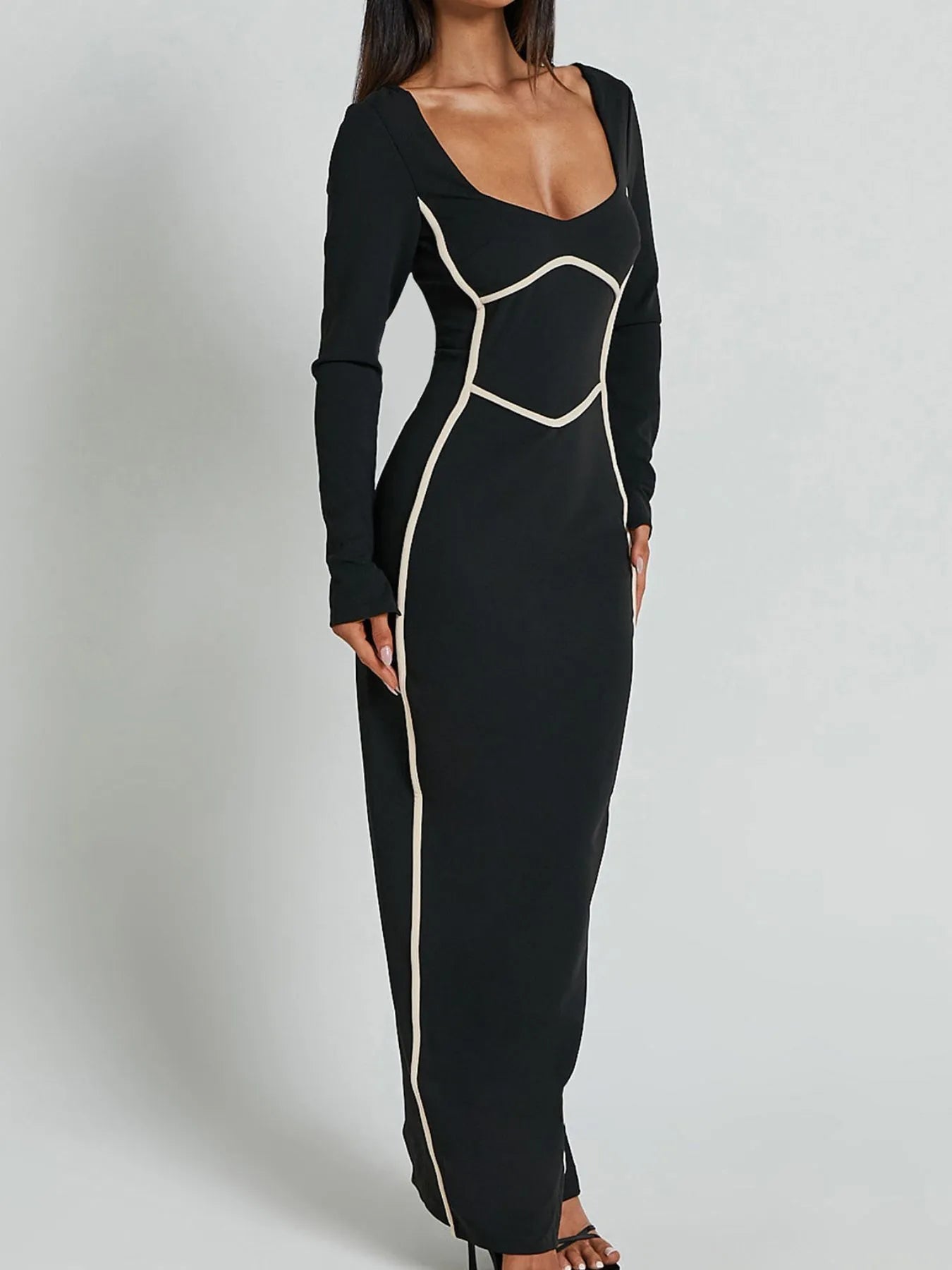 Kontrastbesatz Langarm Bodycon Maxikleid