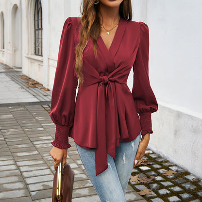 Damen V-Ausschnitt Bluse mit Taillengürtel Elegante Oberteil