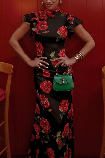 Floral Cheongsam Maxikleid mit eleganten ausgestellten Ärmeln