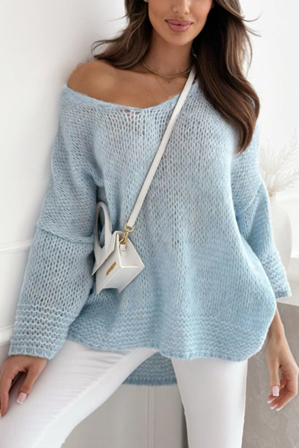 Gemütlicher Weiter V-Ausschnitt Lässiger Grobstrickpullover