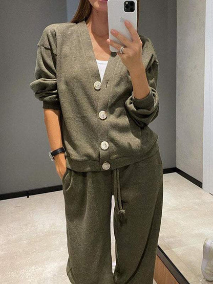 Gemütliches legeres V-Ausschnitt Pullover- und Hosen-Set