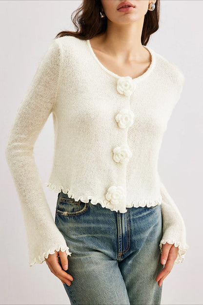 Schlanker Cardigan aus Strick mit floralen Rüschen