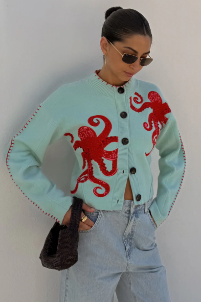 Gemütliche Küsten-Strickjacke mit nautischem Oktopus-Design