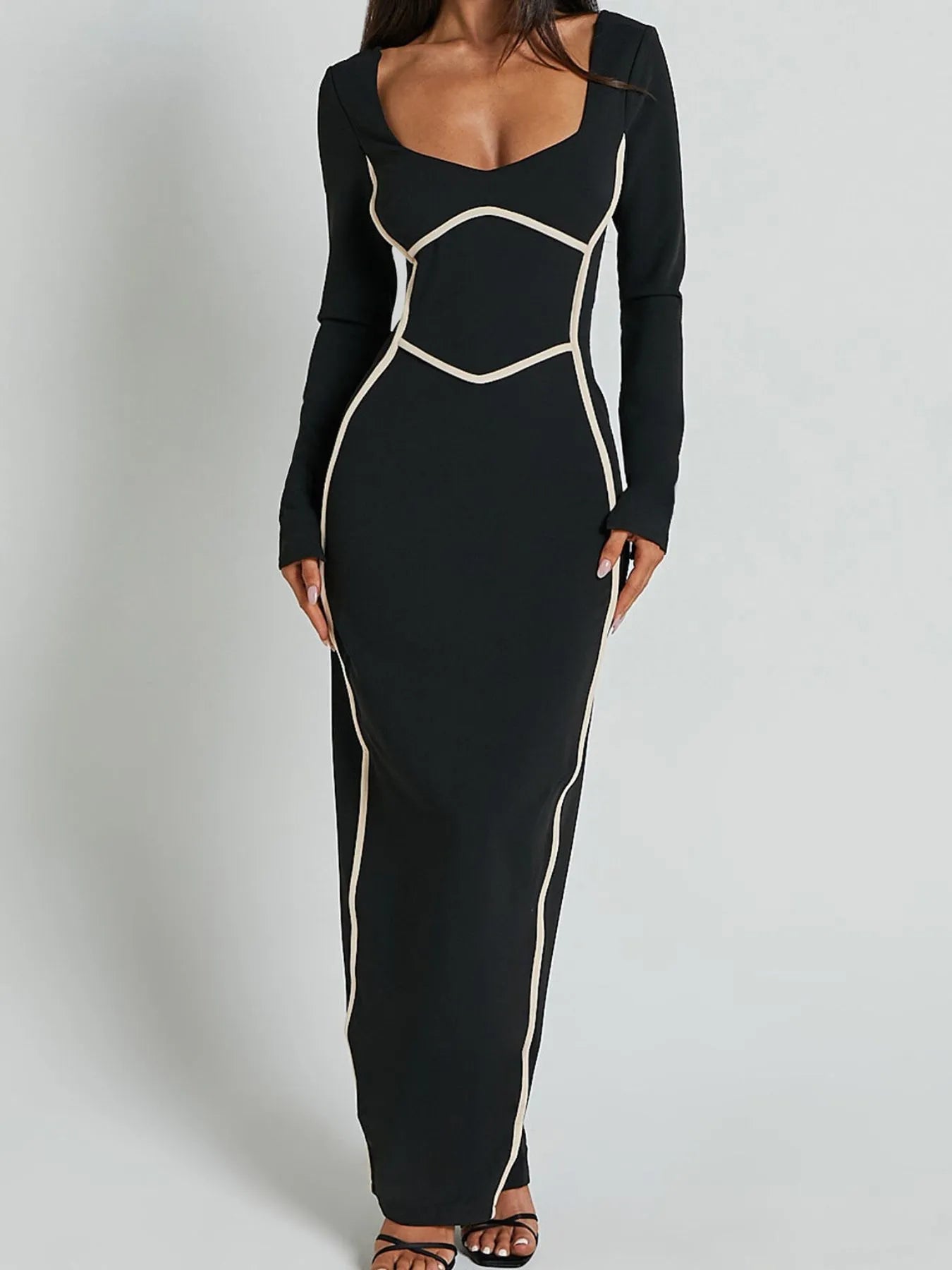 Kontrastbesatz Langarm Bodycon Maxikleid