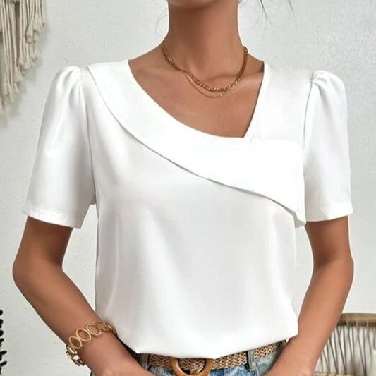 Weiße asymmetrische Bluse mit Puffärmeln und Kragen