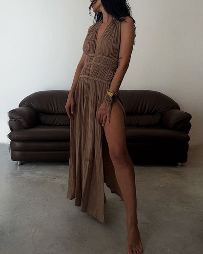 Böhmisches V-Ausschnitt Strandkleid mit Schlitz