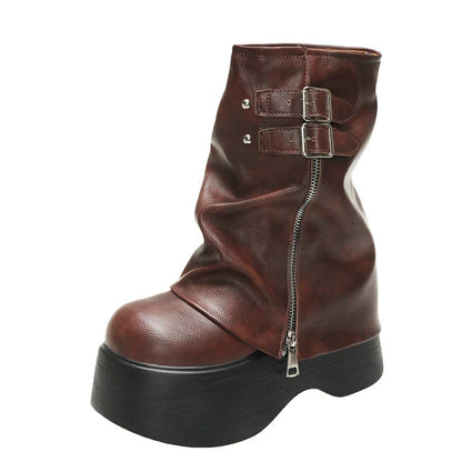 Gothic Plateau-Stiefel mit Schnalle, mittelhoch, Reißverschluss