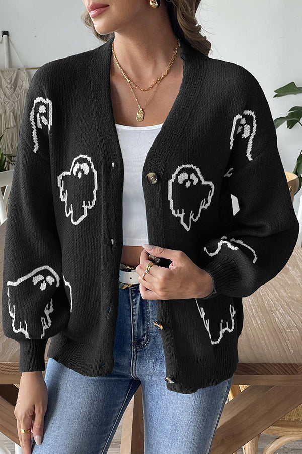 Gemütlicher gestrickter Halloween-Geister-Pullover mit Knopfleiste