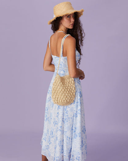 Blaues Midikleid mit Blumendruck, Raffung und quadratischem Ausschnitt