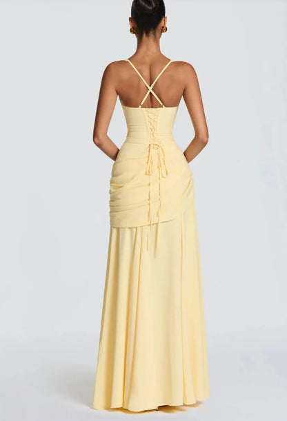 Gelbes gerafftes Maxikleid mit Drapierung